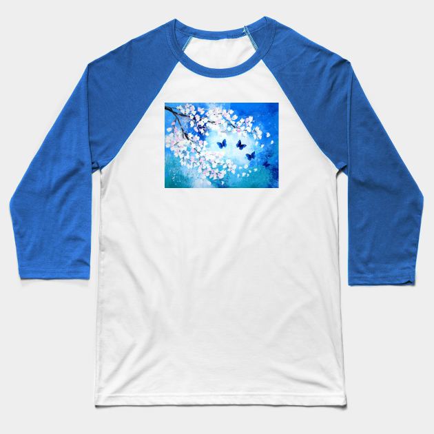 Blue butterflies and cherry blossoms Baseball T-Shirt by SheerJoy